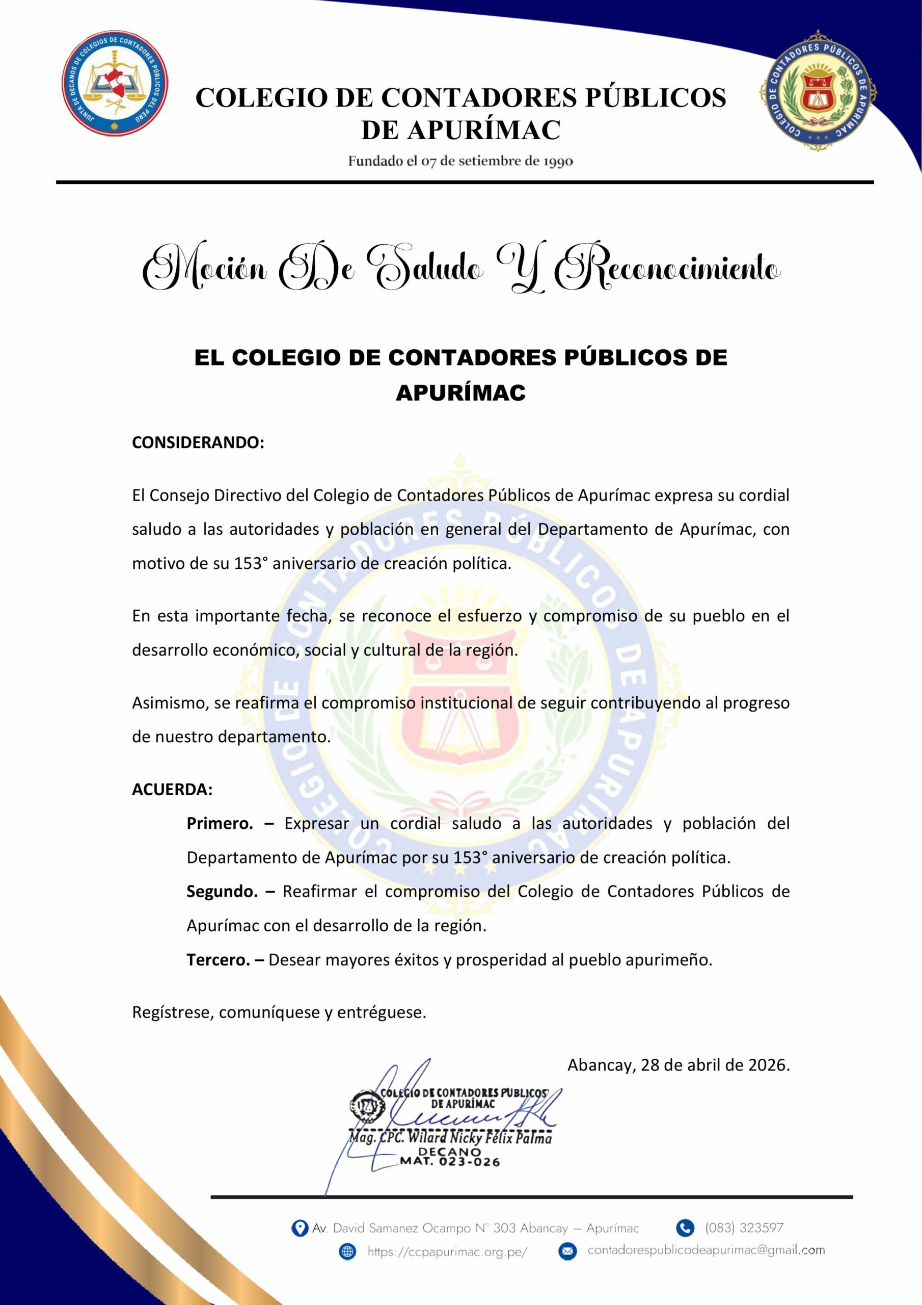 MOCIÓN DE SALUDO Y RECONOCIMIENTO
